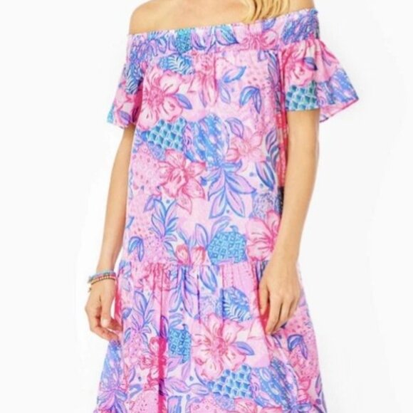 Lilly Pullitzer NWT Dezi Off-The-Shoulder Maxi Dress Pink Isle Snappy Turtle XS - Picture 2 of 9